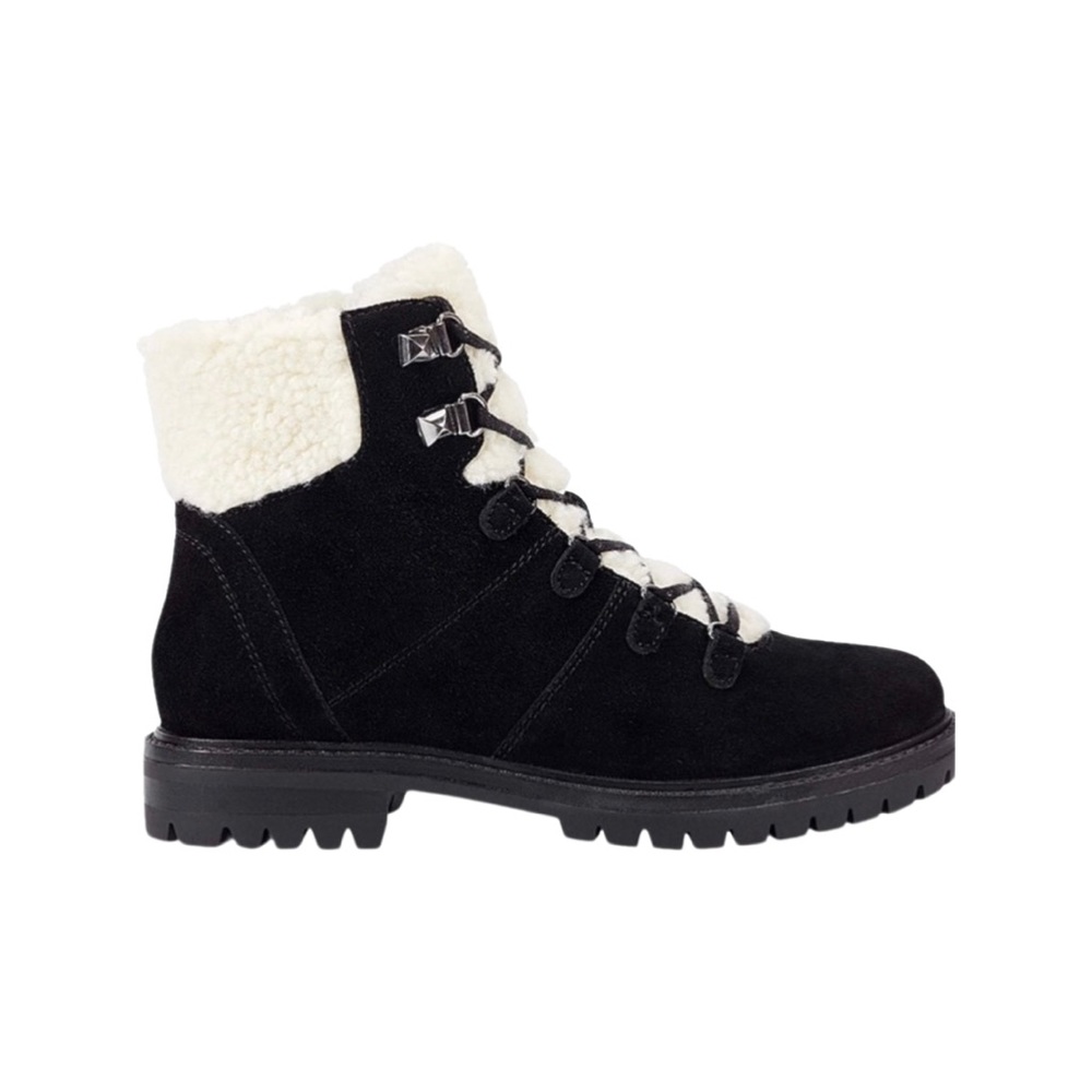 Marc Fisher, black hopee suede bootie, faux fur, lace up lug sole boot Combat